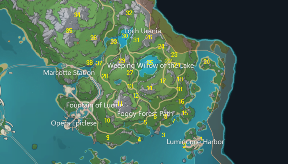 Un mapa que muestra la región desde el bosque de Erinnyes hasta Fontaine.