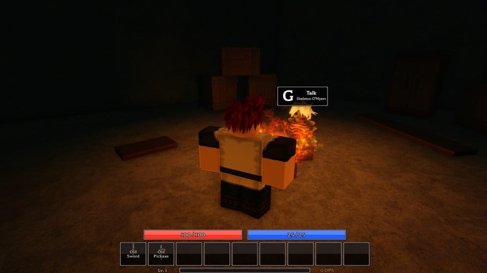 Personaje de Roblox parado frente a un esqueleto.