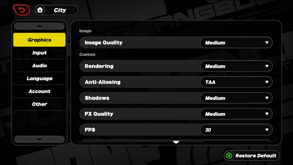 El menú de configuración de gráficos en Zenless Zone Zero.