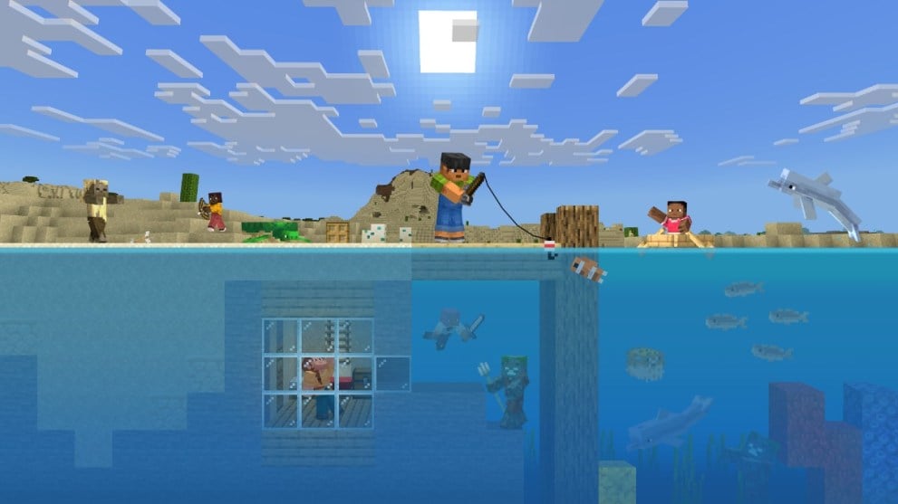 Un personaje de Minecraft pescando.