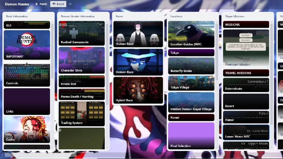 Tablero Trello del cazador de demonios de Roblox