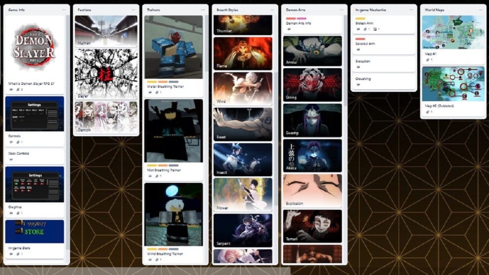 El tablero Trello del juego de rol Demon Slayer 2