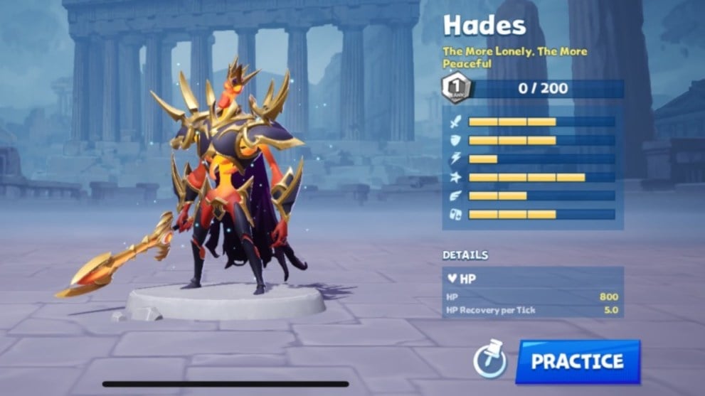 Pantalla de estadísticas de personajes de Hades Battle Crush