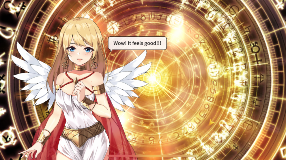 Invocar en Sword Master Story: un personaje femenino rubio con alas blancas se para frente a una rueda de símbolos dorados 