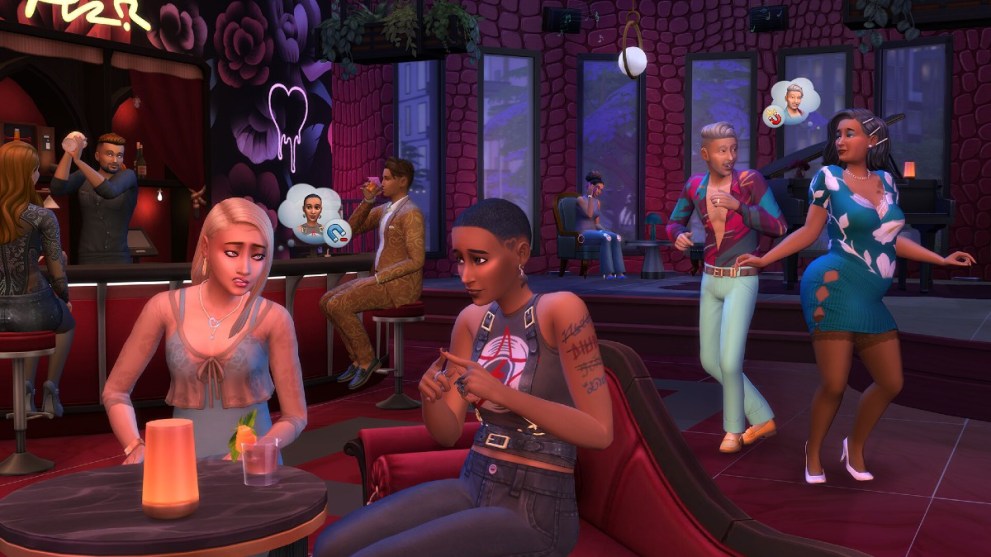 Personajes en un bar en Los Sims 4 Lovestruck.