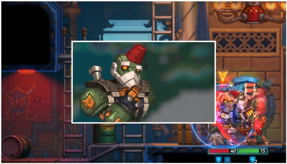 Portrait de Cornelius, personnage compagnon de SteamWorld Heist II, inséré sur une image d'eux en action. 