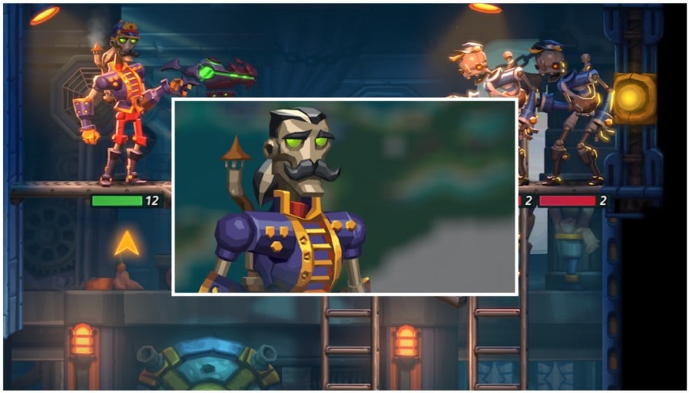 Portrait du personnage compagnon de SteamWorld Heist II, Wesley, inséré sur une image d'eux en action. 