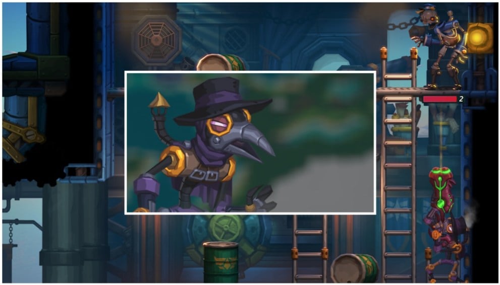 Portrait de Barbara, personnage compagnon de SteamWorld Heist II, inséré sur une image d'eux en action. 