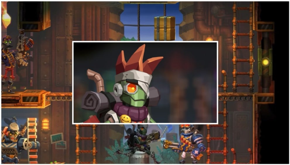 Portrait du personnage compagnon de SteamWorld Heist II, Tristan, inséré sur une image d'eux en action. 