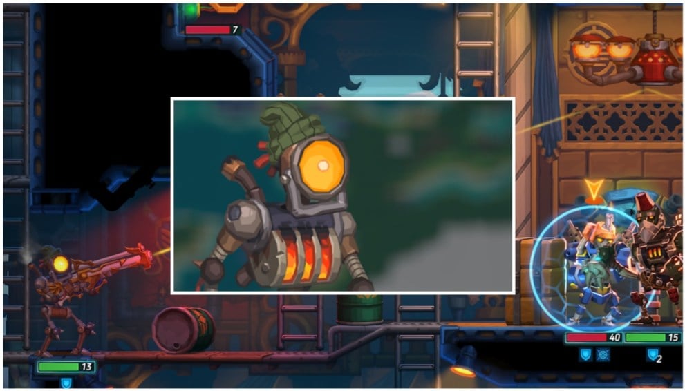 Portrait du personnage compagnon de SteamWorld Heist II, Beacon, inséré sur une image d'eux en action.