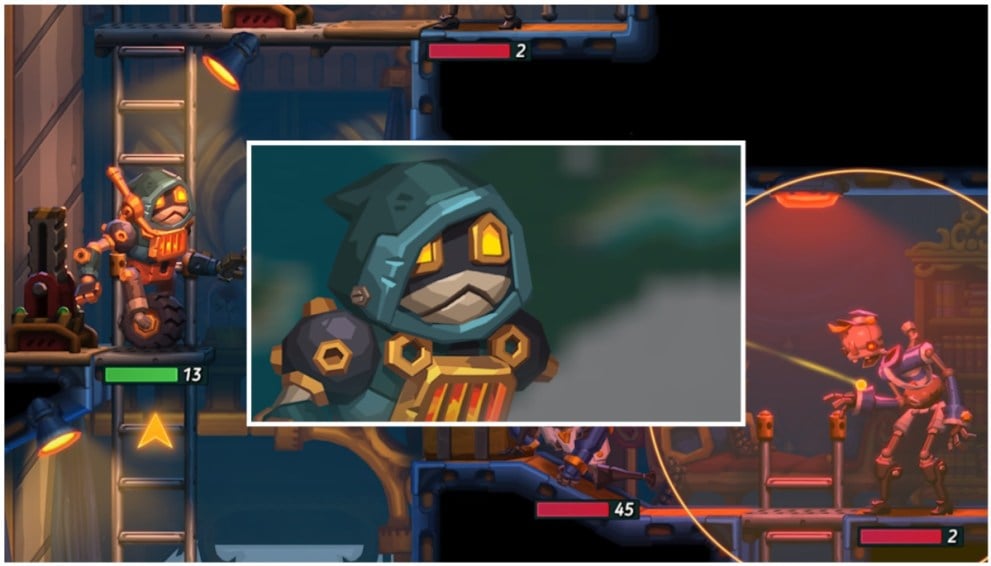 Portrait du personnage compagnon de SteamWorld Heist II, Poe, inséré sur une image d'eux en action. 