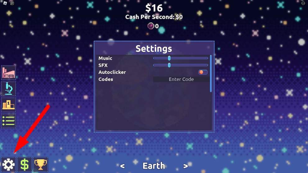 Menú de canje de códigos en Planet Clicker 2