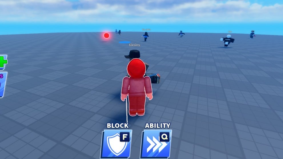 Una partida en Blade Ball con personajes de Roblox corriendo por ahí