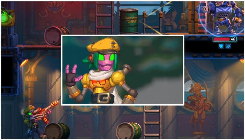 Portrait de Daisy, personnage compagnon de SteamWorld Heist II, inséré sur une image d'eux en action. 