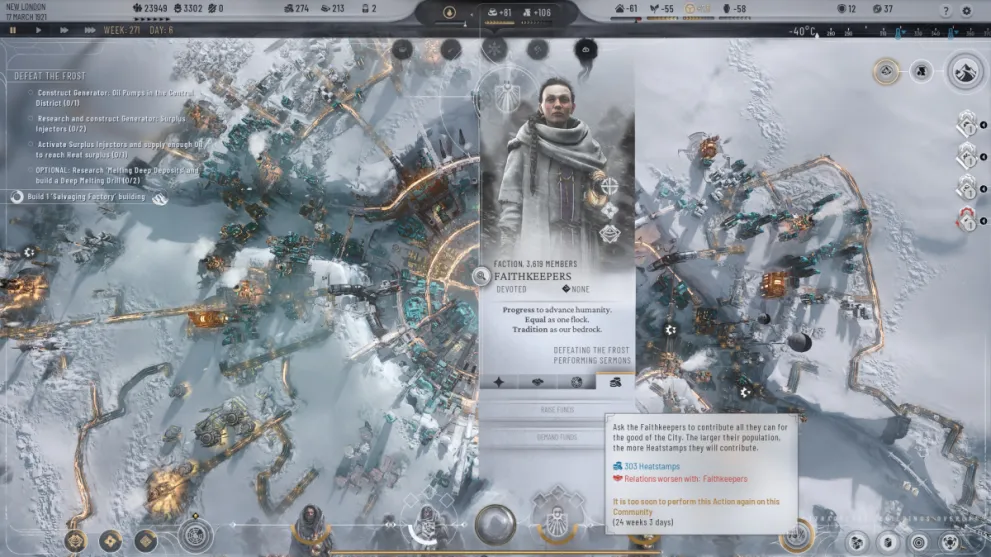 Vista de la opción Recaudar fondos en el menú de Guardianes de la fe en Frostpunk 2