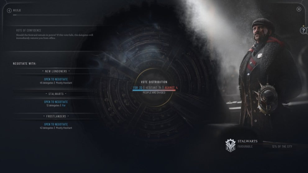 Vista de las negociaciones de la facción Stalwarts en Frostpunk 2