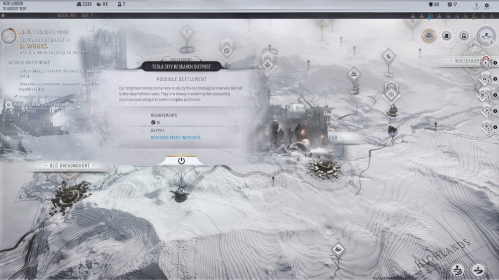 Vista del puesto de investigación en Frostlands en Frostpunk 2