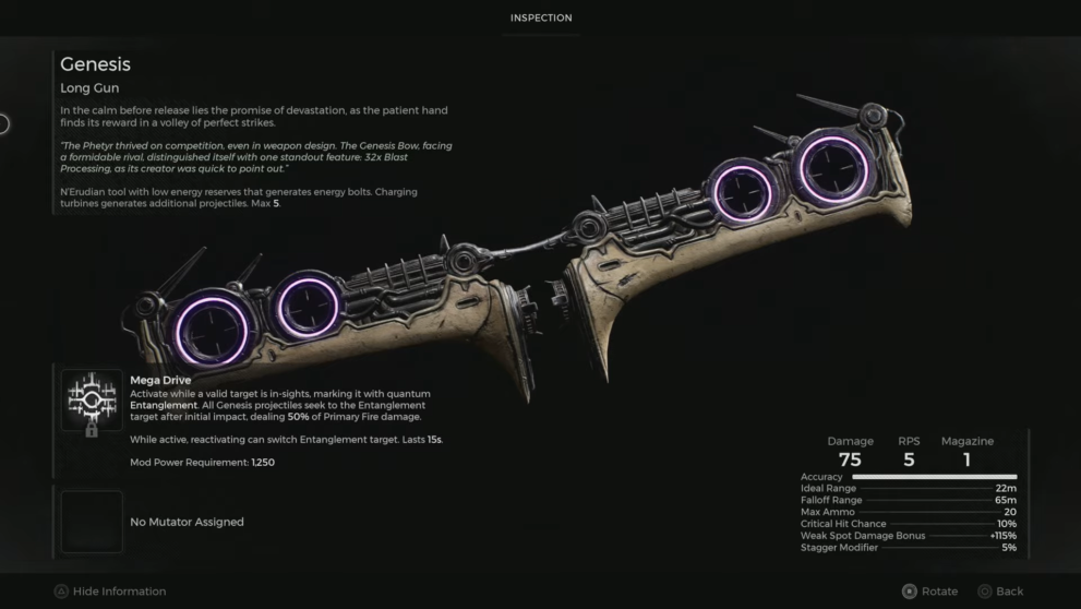 Pantalla de inspección del arco y la flecha de la generación de armas del DLC Remnant 2