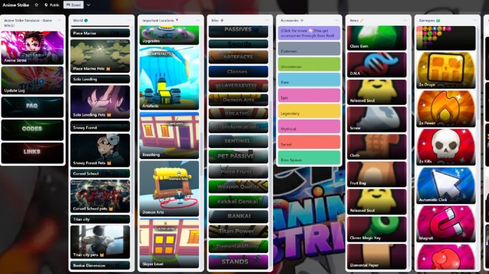 El tablero Trello de Anime Strike Simulator.