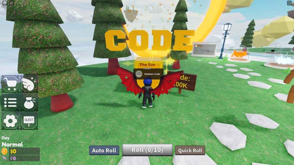 Menú de canje de códigos en la experiencia Wings RNG Roblox