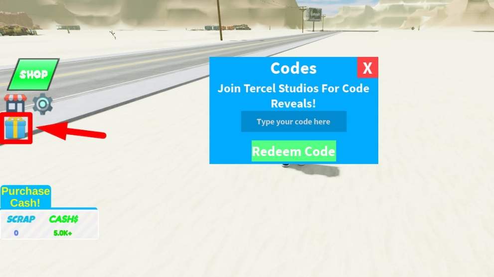 Menú de canje de códigos en la experiencia de Junkyard Tycoon Roblox