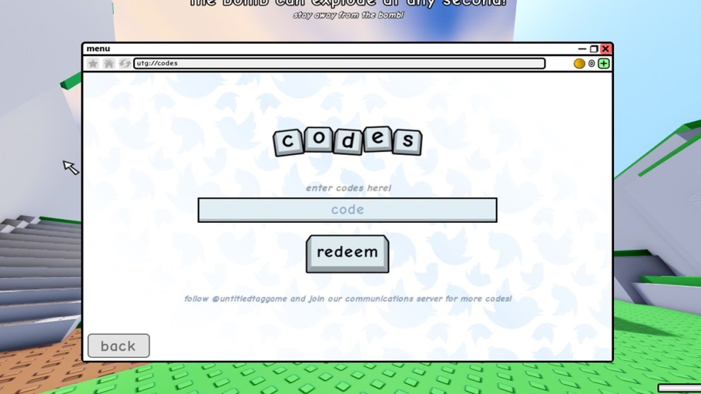 Pantalla de canje de código en Untitled Tag Game.