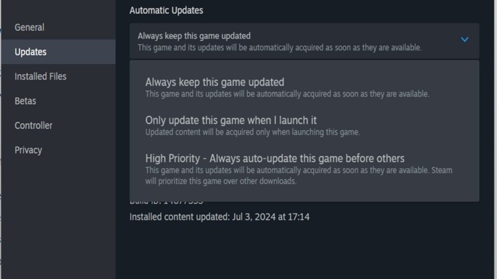 Opciones de actualización en Steam