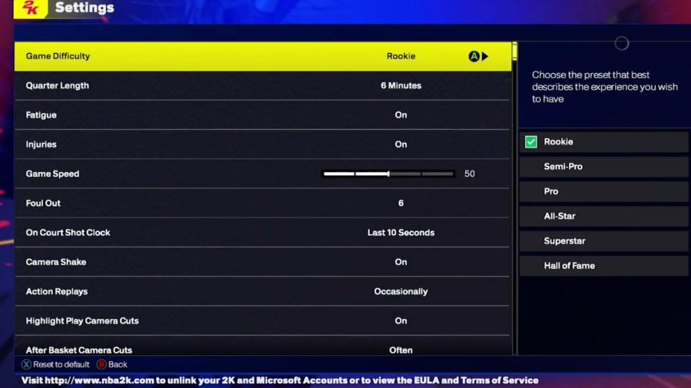 Configuración de dificultad de NBA 2K25 y otras configuraciones para Mi Carrera