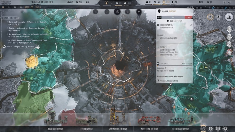 Vista de la página de información del menú desplegable de productos en Frostpunk 2