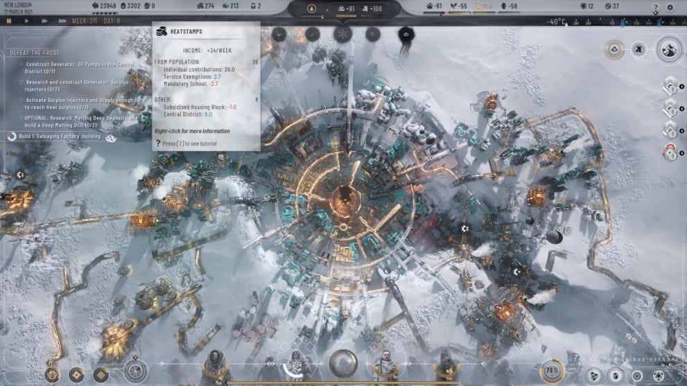 Frostpunk 2 Vista de la pantalla desplegable del menú de sellos de calor