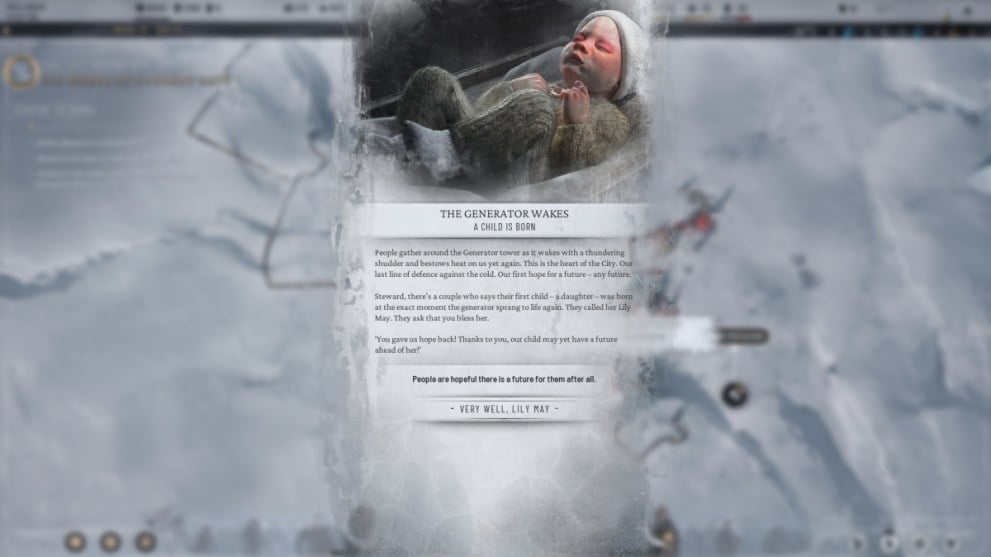 Vista de la notificación de Lily May en Frostpunk 2