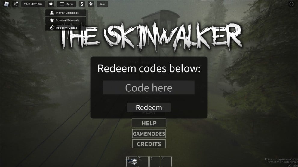 La pantalla de canje de código en The Skinwalker.