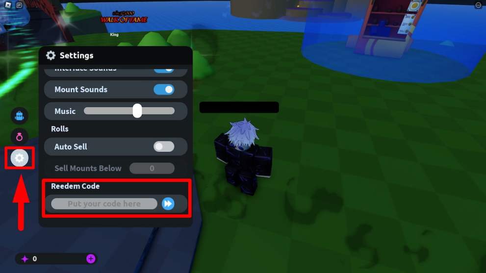 Menú de canje de códigos en la experiencia Mount RNG Roblox