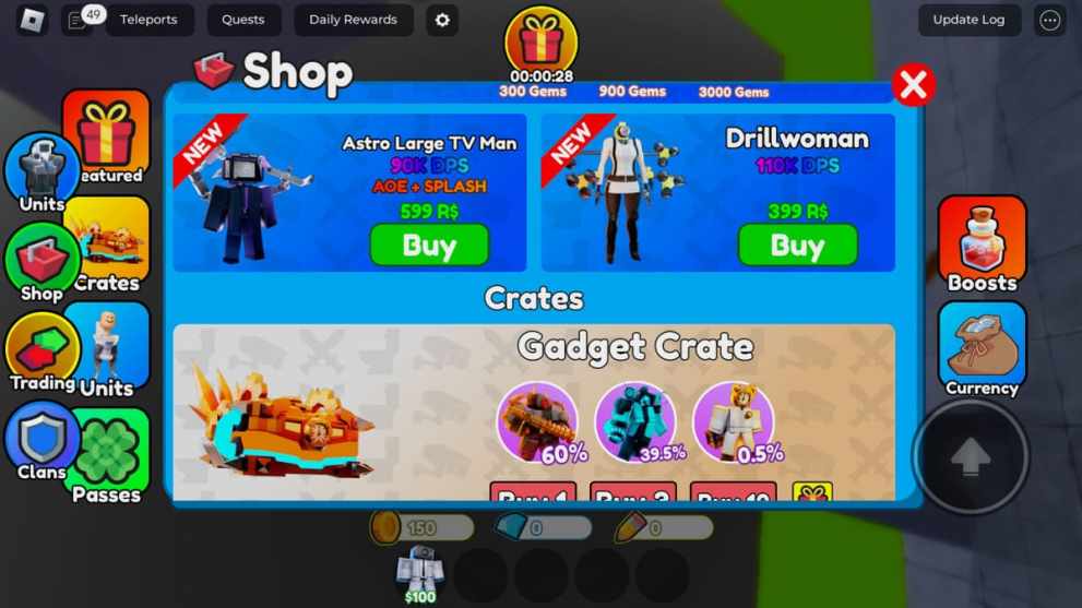 Grandes unidades TV Man y Drillwoman compran en Roblox Toilet Tower Defense