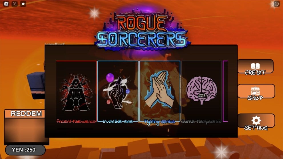 La pantalla de canje de códigos en Rogue Sorcerer.