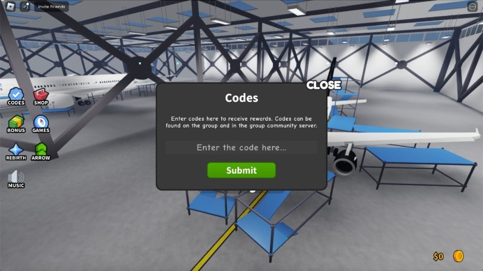 La página de canje de códigos en Build a Plane Tycoon.