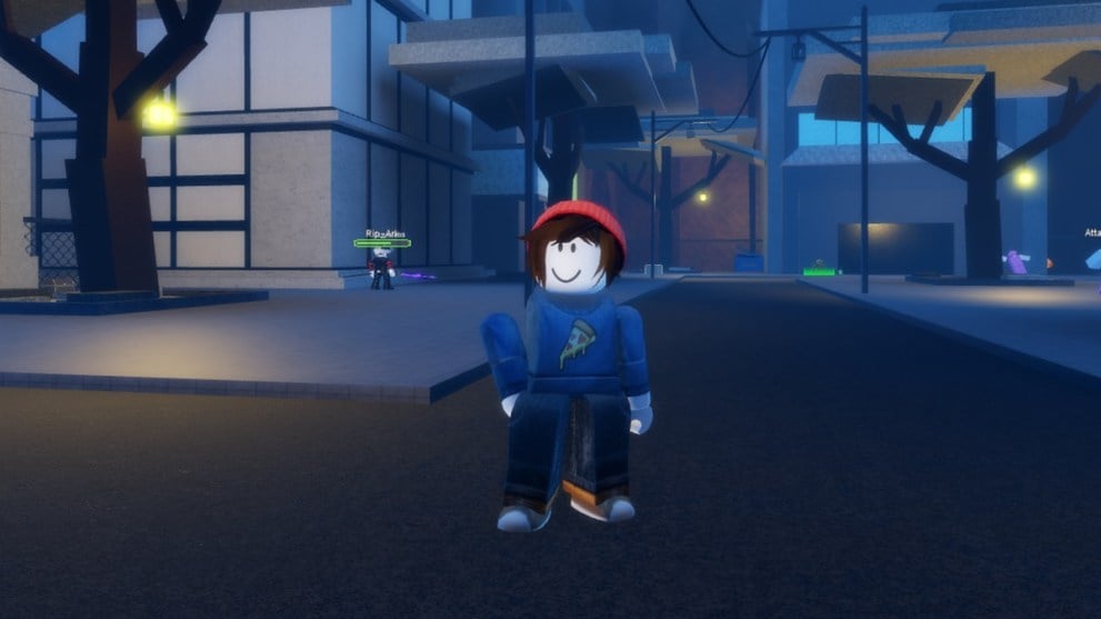 Personaje de Roblox en un pueblo.