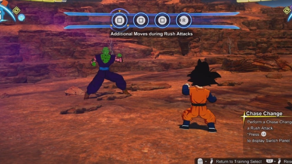 Dragon Ball Sparking Zero Goten vs Piccolo Chase cambia los controles del tutorial