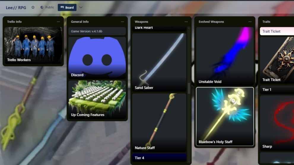 Categorías en Lee RPG Trello que se encuentran al hacer clic en el enlace, incluidas armas, armas evolucionadas y rasgos