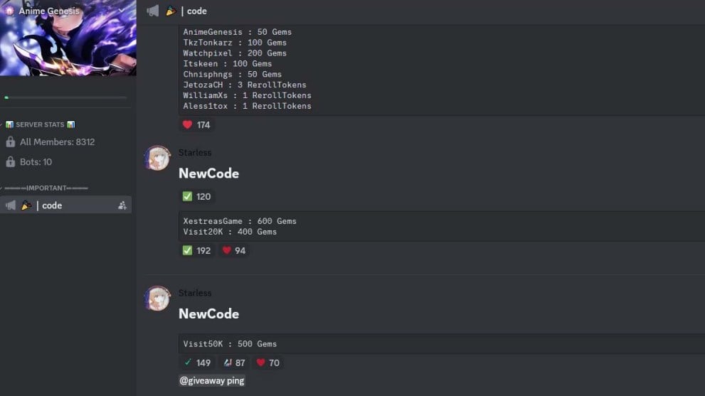 Página de códigos de Discord de Anime Genesis
