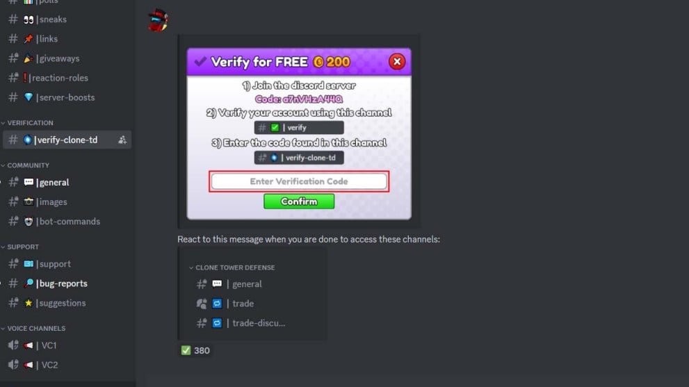 Página de verificación del código personal de Clone Tower Defense en Discord