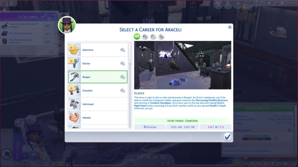 elegir la carrera de segador en Sims 4