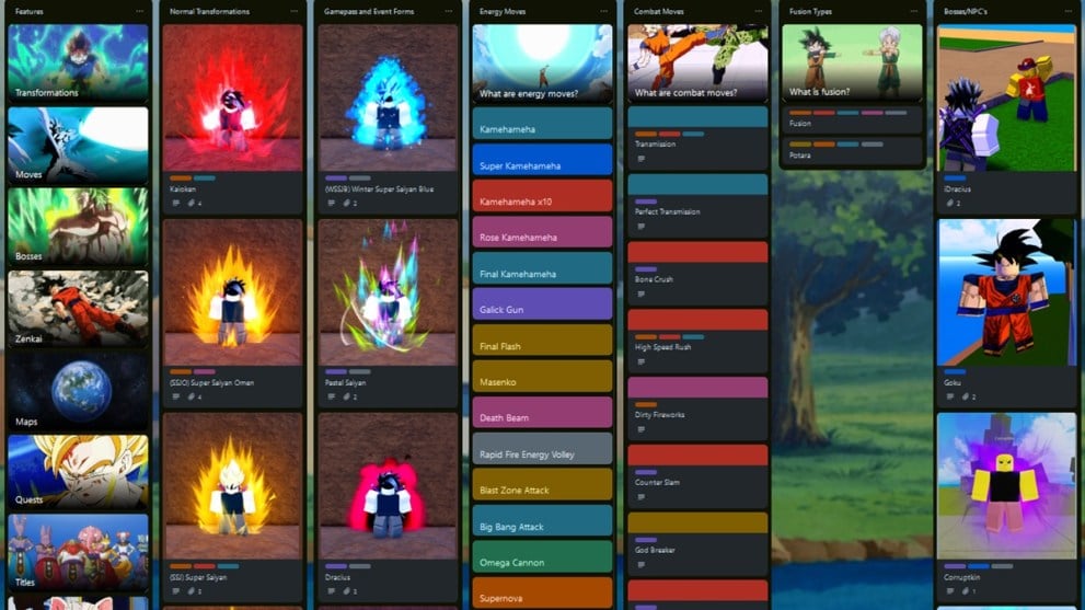Columnas en el tablero trello de dragon ball rage