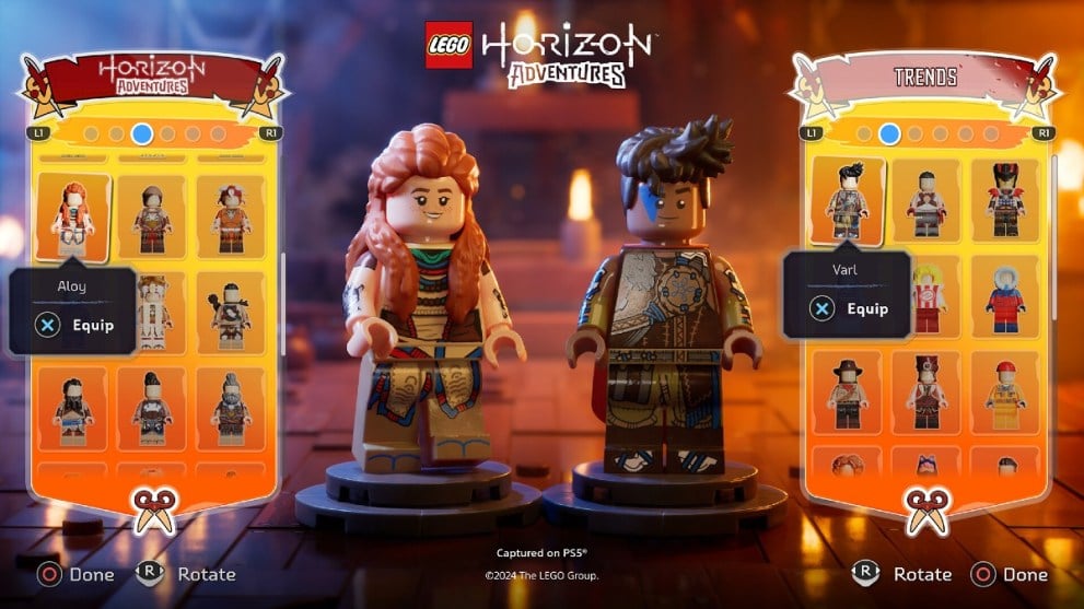 Equipando personajes en LEGO Horizon Adventures.