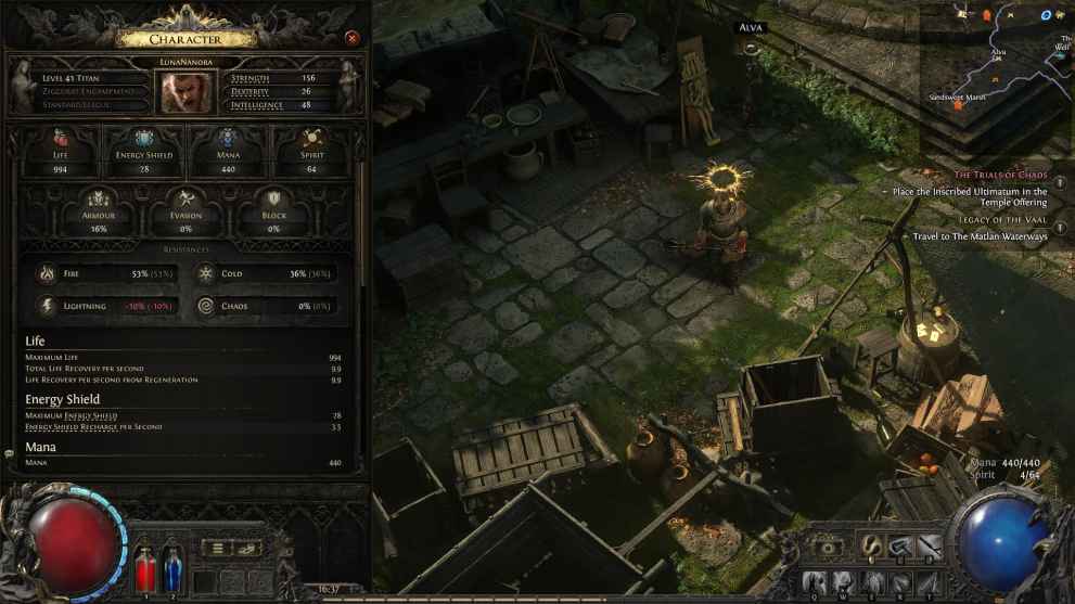 Menú de personajes y barra de maná donde se muestra tu espíritu máximo en Path of Exile 2